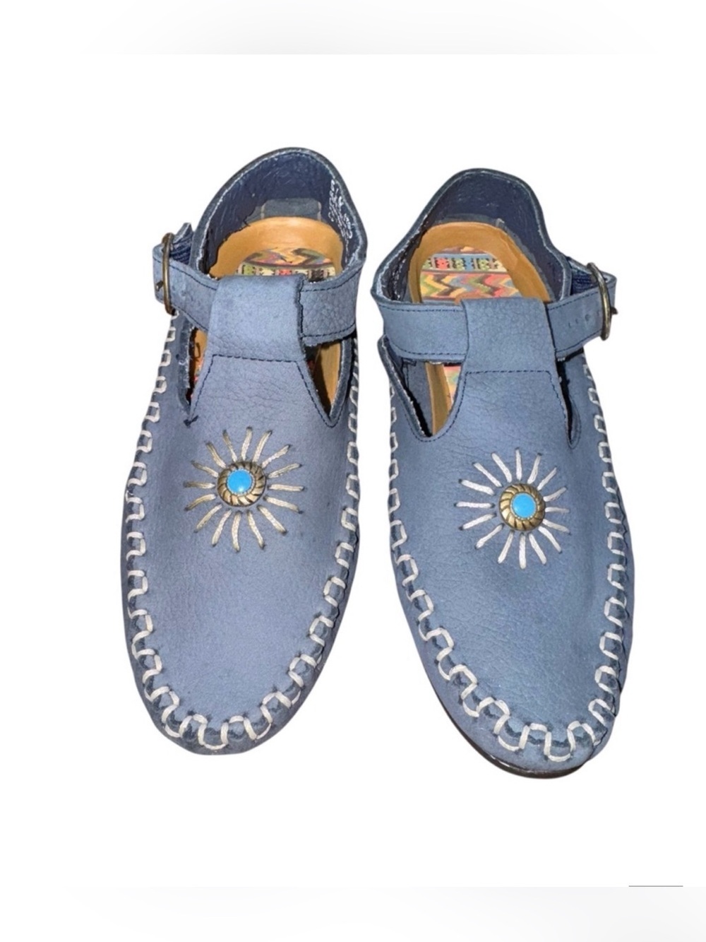 Women’s Hush Puppies Blue Leather moccasins 5.5 Woven Stitch Turquoise Detail